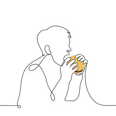 man eating burger with mouth wide open - one line drawing vector. the concept eat fast food