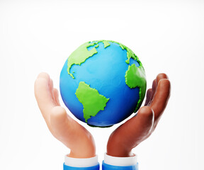 Sustain earth concept: Human plasticine stylised hands holding Earth