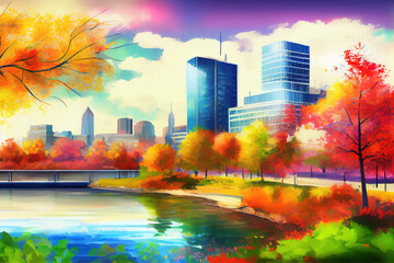 colorful autumn landscape of a modern city by the river. Generative Ai
