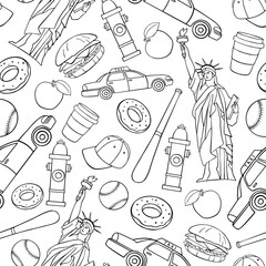 hand-drawn vector seamless pattern with New York doodles black and white symbol, suitable for coloring