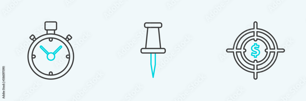 Poster set line target with dollar symbol, stopwatch and push pin icon. vector