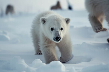 Obraz na płótnie Canvas A polar bear cub playing in the snow of the Arctic tundra - Generative AI