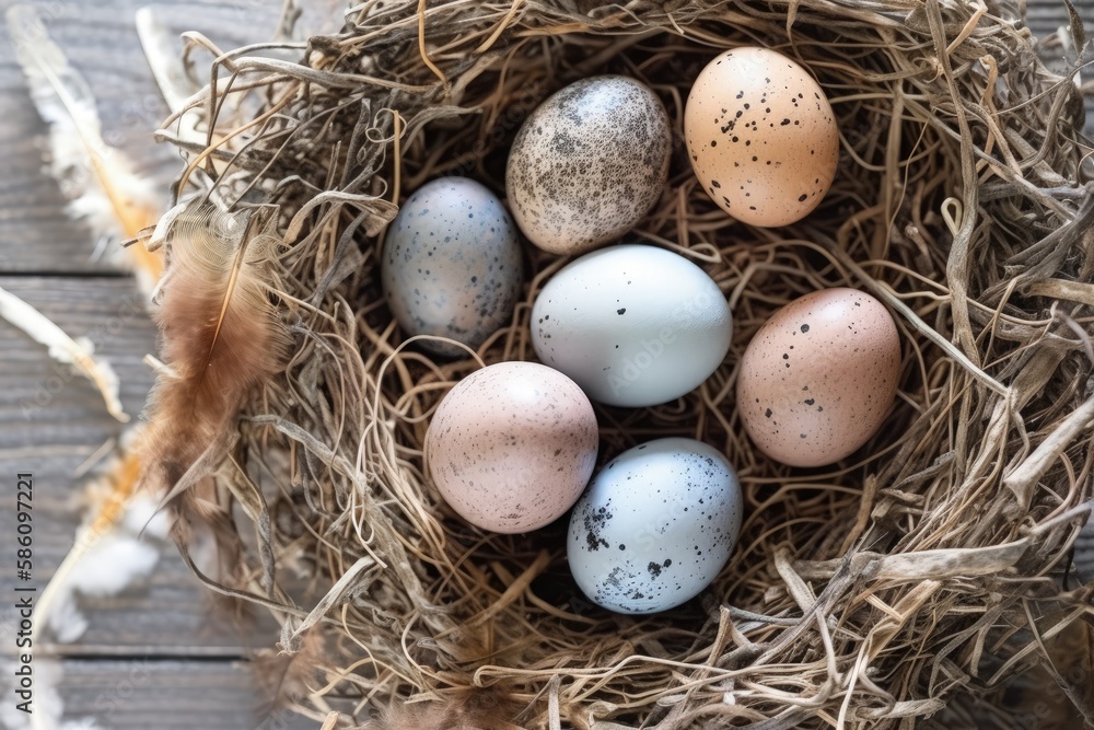 Wall mural birds nest with eggs on a wooden table created with Generative AI technology