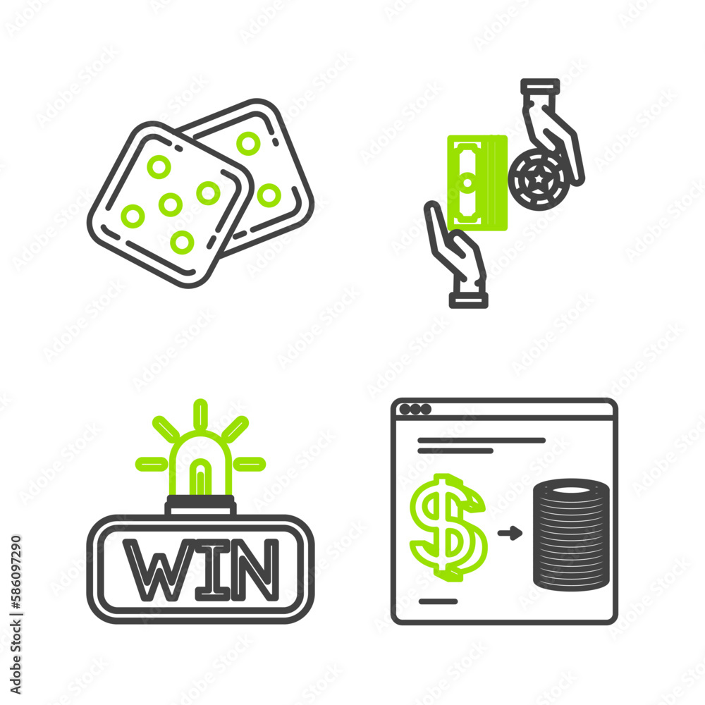 Poster Set line Online casino chips exchange on stacks of dollars, Casino win, and Game dice icon. Vector