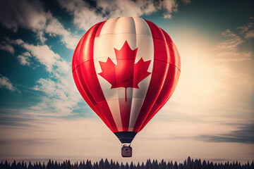 Colorful hot air balloons with flags of Canada, Italy against blue sky. Generative Ai