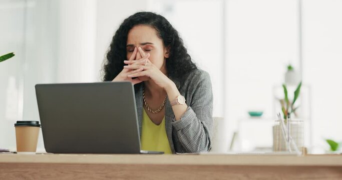Worry, stress and business woman on laptop with 404 glitch, burnout and headache at office desk. Mental health, corporate and female worker working on computer with frustrated, depression and anxiety