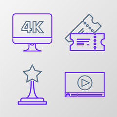 Set line Online play video, Movie trophy, Cinema ticket and Computer PC monitor with 4k technology icon. Vector