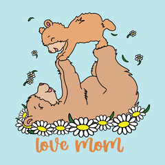 Love mom bear mother's day , mom bear and baby with Flowers on light blue background. EPS. File vector illustration character design baby bear with happy mom for mother day Doodle cute cartoon style