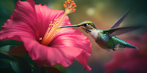 Tropical Paradise: Hummingbird Feeding on Hibiscus Flower - Beautiful Photography of Wildlife. Generative AI - obrazy, fototapety, plakaty