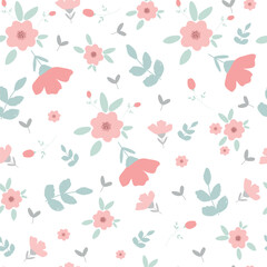 Cute gardener and spring flowers seamless pattern, vector illustration, simple girl graphics, kids fashion artworks, greeting, birthday and invitation cards, children prints.
