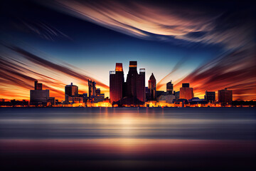 Fototapeta na wymiar Long exposure Detroit skyline at sunset. Generative Ai