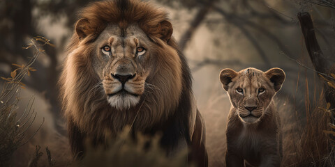 Fototapeta na wymiar The King and His Heir: Big Lion and Cub in Majestic Frontal Photography. Generative AI