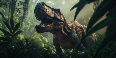 Prehistoric Fury: Big T-Rex in a Stunning Display of Power and Beauty. Generative AI