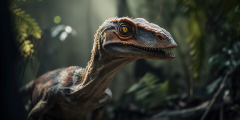 The Raptor Roars: Beautiful Photography of a Velociraptor in the Jungle. Generative AI