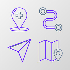 Set line Folded map with location marker, Paper airplane, Route and Location the globe icon. Vector
