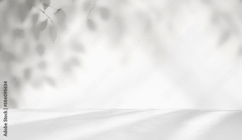 Aufkleber Minimalistic light background with blurred foliage shadow on a white wall. Beautiful background for presentation with with smooth floor.