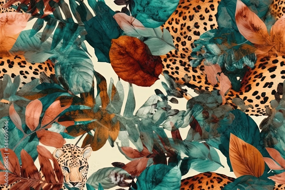 Poster illustration of leopard and leaf pattern on white background created with generative ai technology