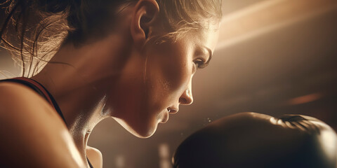 Close-up of female athlete's kickboxing training, punching bag in gym. Generative AI