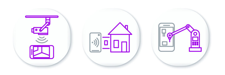 Obraz premium Set line Industrial machine robotic robot arm hand, Wireless Controlling CCTV security camera and Smart home icon. Vector