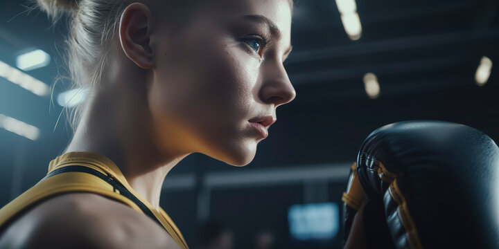 Determined woman training in kickboxing, close-up of punching bag workout. Generative AI