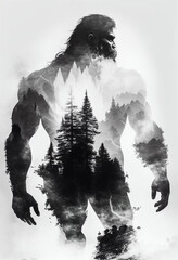 Wild man with double exposure mountain forest fog created with Generative AI