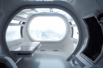 White and clean spaceship interior with view on planet mountains. 3D rendering style of a spaceship interior.