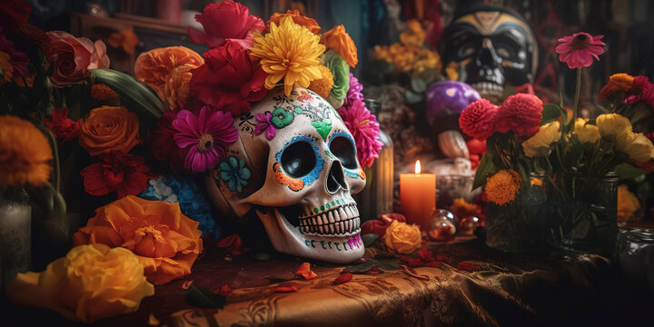 Altar with a radiant skull and blossoms for Day of the Dead celebration. Generative AI