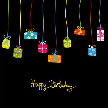 Colorful birthday presents, greeting card, vector