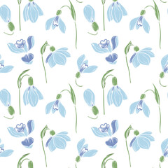 Seamless pattern background with  first spring flowers. Snowdrops vector color graphic illustration