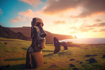 Moai statues at Easter Island bathed in a sunset glow.Generative AI - obrazy, fototapety, plakaty