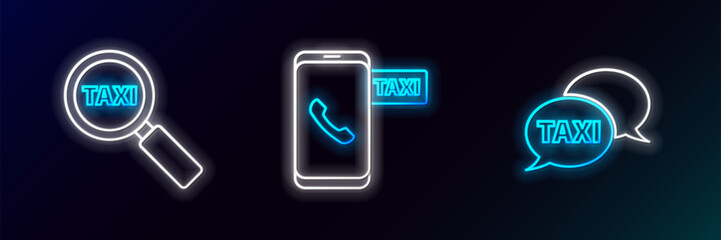 Set line Taxi call telephone service, Magnifying glass and taxi car and icon. Glowing neon. Vector