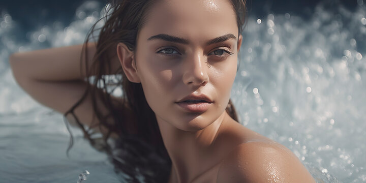 Editorial-style photo, captivating half-body shot of a beautiful model in a jacuzzi, eye level. Generative AI