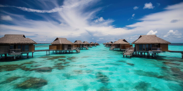Bungalows sur pilotis dans un lagon tropical avec eau limpide et turquoise