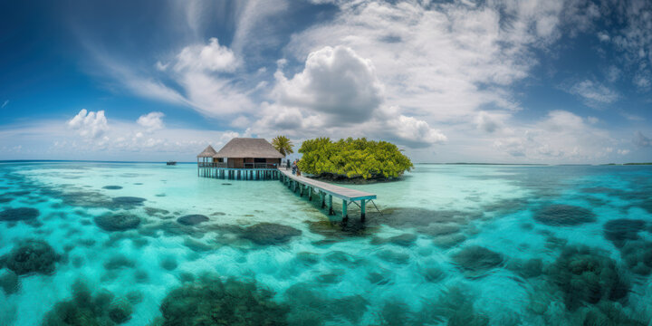 Bungalows sur pilotis dans un lagon tropical avec eau limpide et turquoise