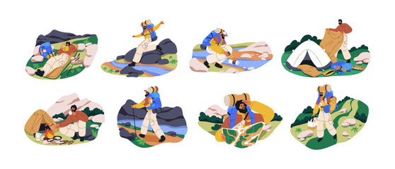 Fototapeta premium Hiker travels alone. Solo tourist with backpack hiking, camping in nature on summer vacation. Man wayfarer, happy single traveler set. Flat graphic vector illustrations isolated on white background