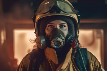 Fototapeta premium On-duty firewoman portrait featuring gas mask and helmet, alongside fire engine. Generative AI