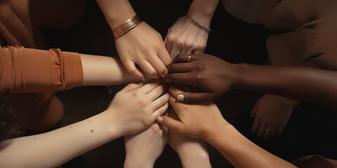 Circle of unity: Top view of diverse women clasping wrists against a brown background. Generative AI