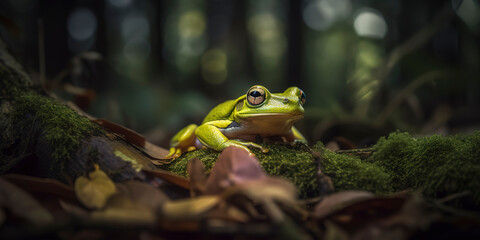A close-up encounter with a frog in the woodland. Generative AI