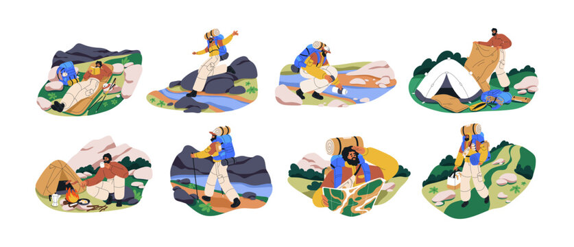 Hiker travels alone. Solo tourist with backpack hiking, camping in nature on summer vacation. Man wayfarer, happy single traveler set. Flat graphic vector illustrations isolated on white background