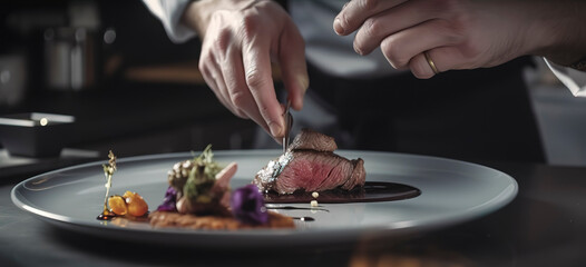 Skillful chef artfully plating a venison dish in a professional kitchen. Generative AI - obrazy, fototapety, plakaty