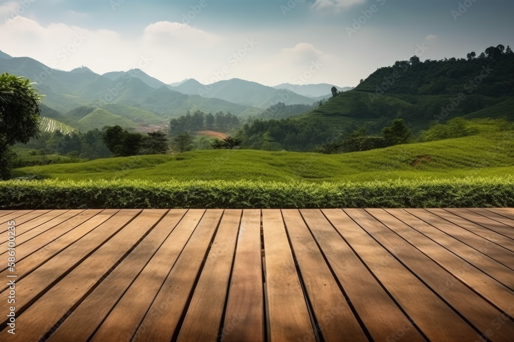 Poster wooden deck with a stunning mountain view in the background created with generative ai technology