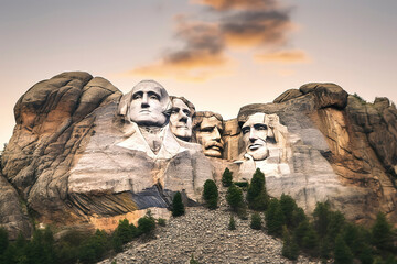 Mount Rushmore National Memorial basking in a warm sunset glow. Generative AI