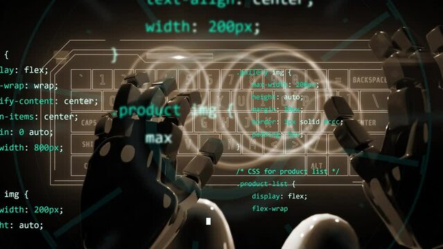 chatbot artificial intelligence working on code programming website eshop for client human work by robot hands future modern video animation