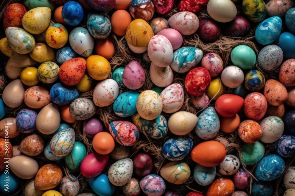 Poster colorful easter egg basket with various designs and patterns created with generative ai technology