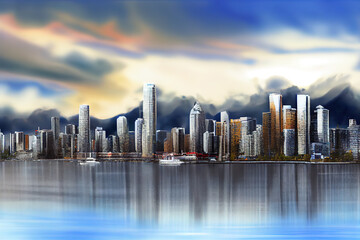 Vancouver skyline at sunset. Generative Ai