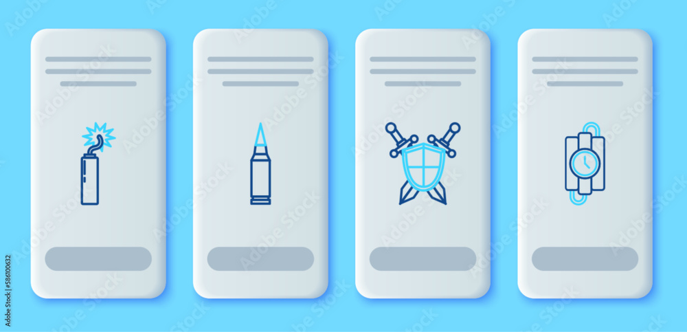 Poster set line bullet, medieval shield with crossed swords, dynamite bomb stick clock and dynamite and tim
