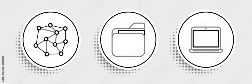 Poster set line laptop, neural network and document folder icon. vector