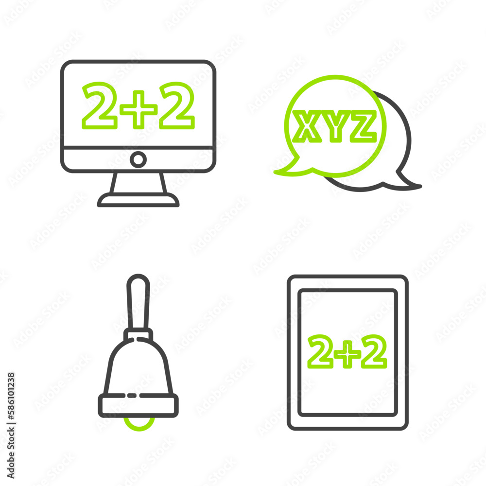 Aufkleber set line tablet with calculator, ringing bell, xyz coordinate system and equation solution icon. vec