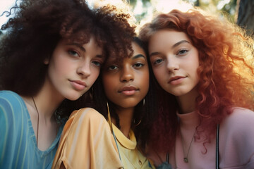 Obraz premium young fashion girls with particular hairstyle and makeup making selfies outdoor and having fun together, generative ai illustration