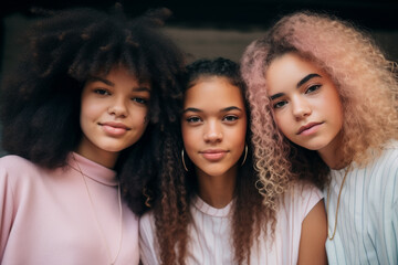 Obraz premium young fashion girls with particular hairstyle and makeup making selfies outdoor and having fun together, generative ai illustration